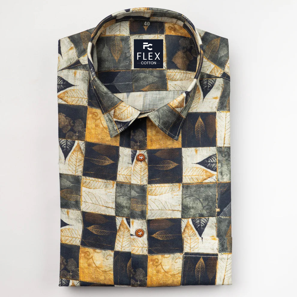 Golden Black Color Leaf Moroccan Printed Shirt For Men's