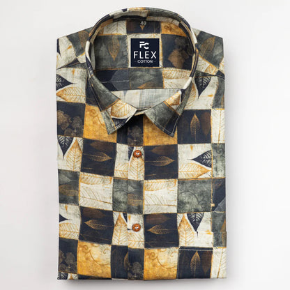 Golden Black Color Leaf Moroccan Printed Shirt For Men's