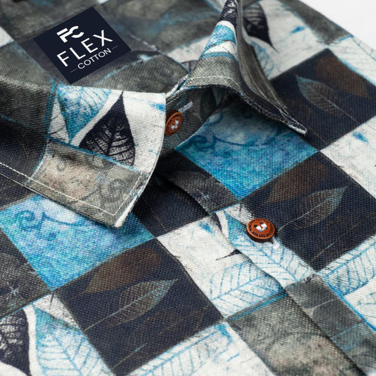 Blue Black Color Leaf Moroccan Printed Shirt For Men's