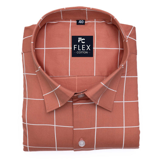Orange Peach Color Big Checks Cotton Shirts For Men
