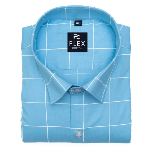 Sky Blue Color Big Checks Cotton Shirts For Men